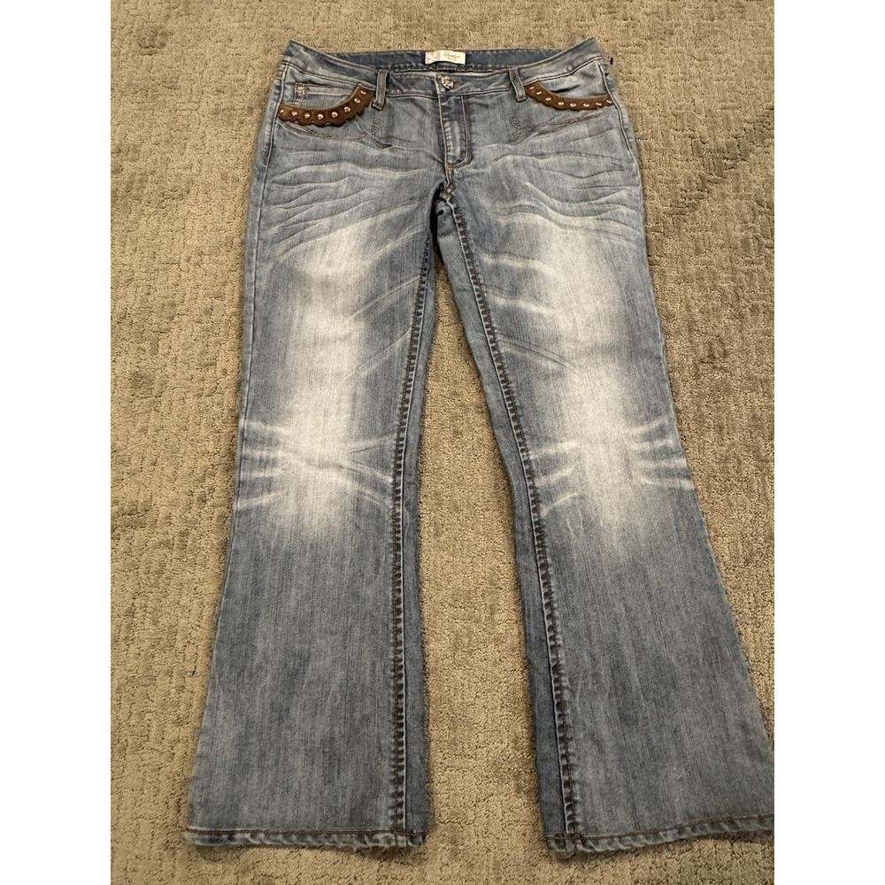 Twenty X Houston Low Rise Slim Boot Leather Stud Embelished 13/34 Blue Jeans (T)